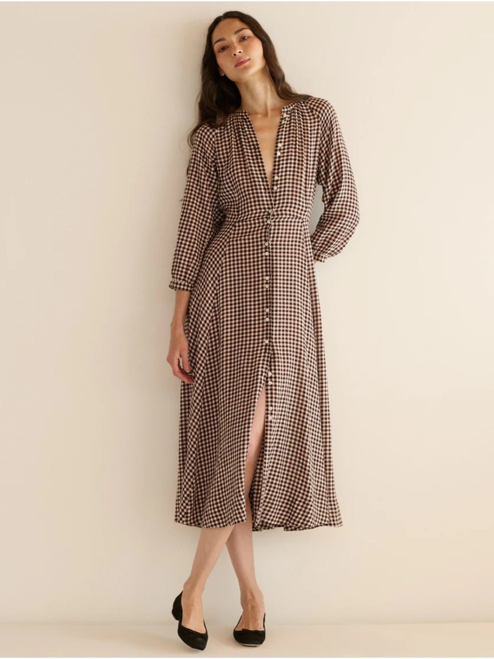 Doen Madeleine Brown and Cream Gingham Button-Front Dress